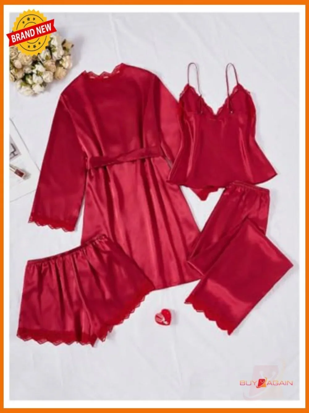 4pc Silk Pajama Set with Robe Lace Trim Shorts Lounge Pjs